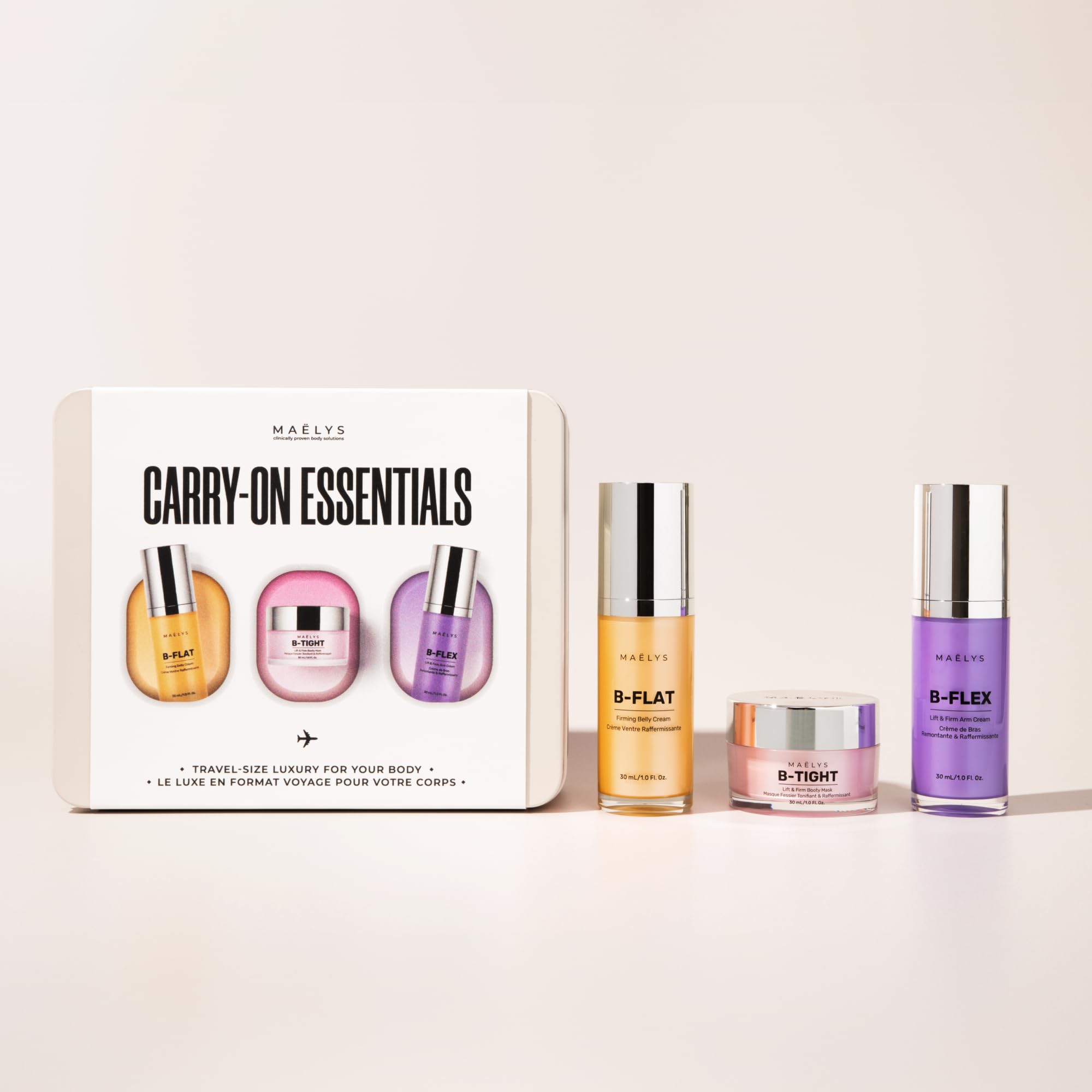 MAËLYS CARRY-ON ESSENTIALS - Firming Cream Trio for Booty, Belly & Arms - Includes B-TIGHT, B-FLAT & B-FLEX Travel Minis - Helps Improve the look of Stretch Marks & Cellulite (1.0 Fl Oz)