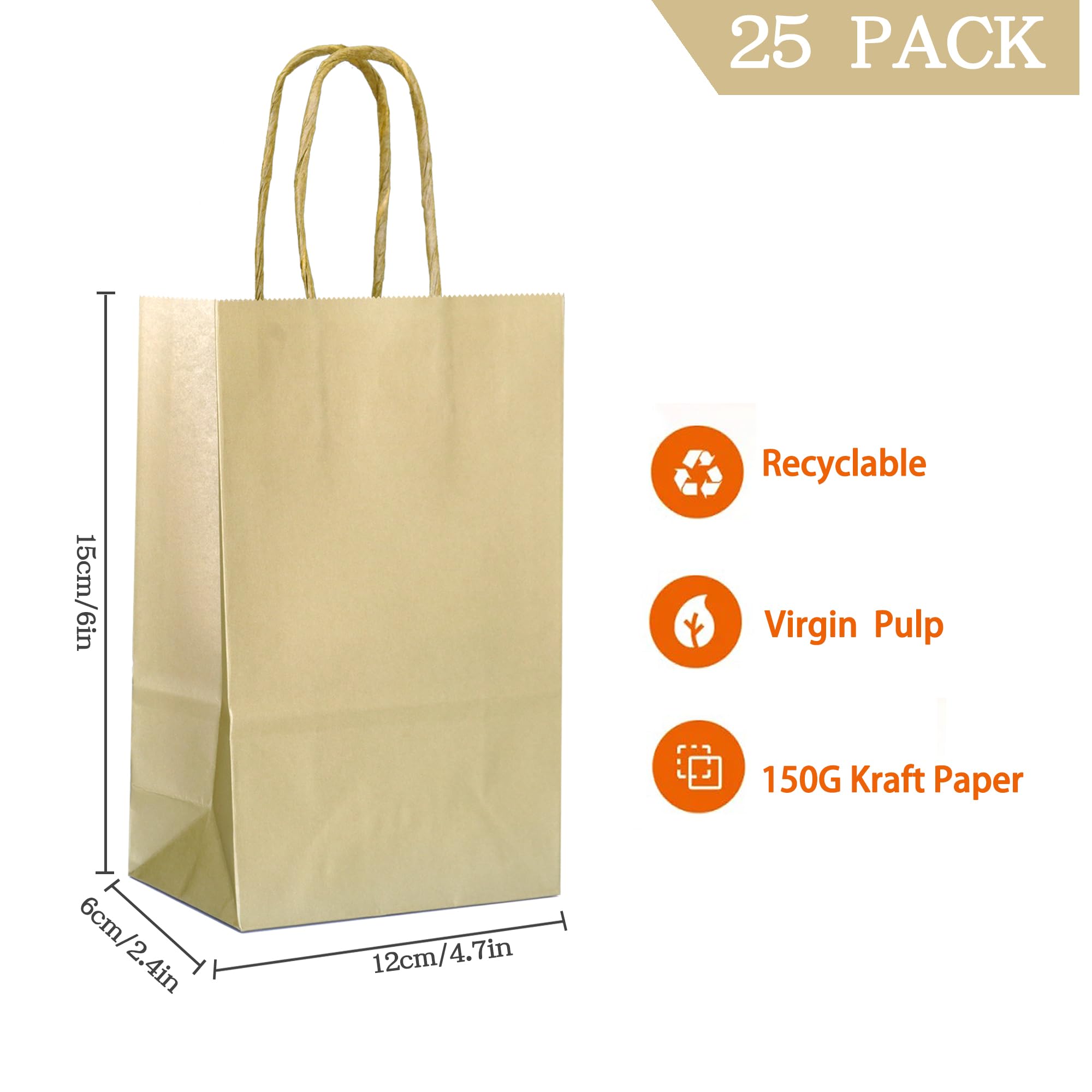 AZOWA Bronzing Gold Gift Bags Mini Kraft Paper Bags with Handles (4.7 x 2.4 x 6 in, Gold, 25 Pcs)