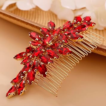 Crystals Hair Comb for Bride for Women for Girls Cute Teardrop Hair Comb Slide Multi-Color RED