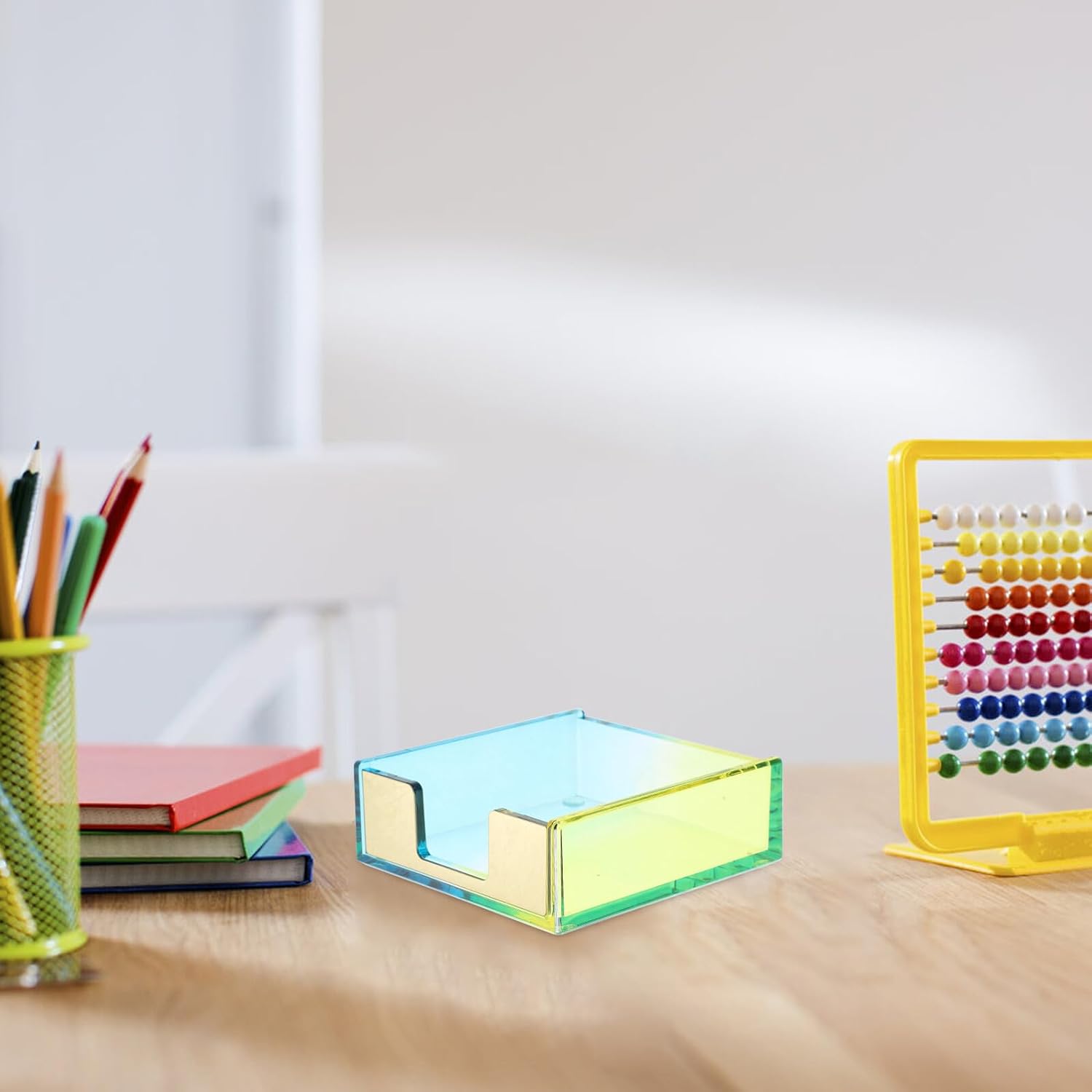 Gradient Acrylic Notepad Container for Office Desk, Memo Pad Holder Blue-yellow Ombre, Desktop Self-stick Note Paper Dispenser Organizer,