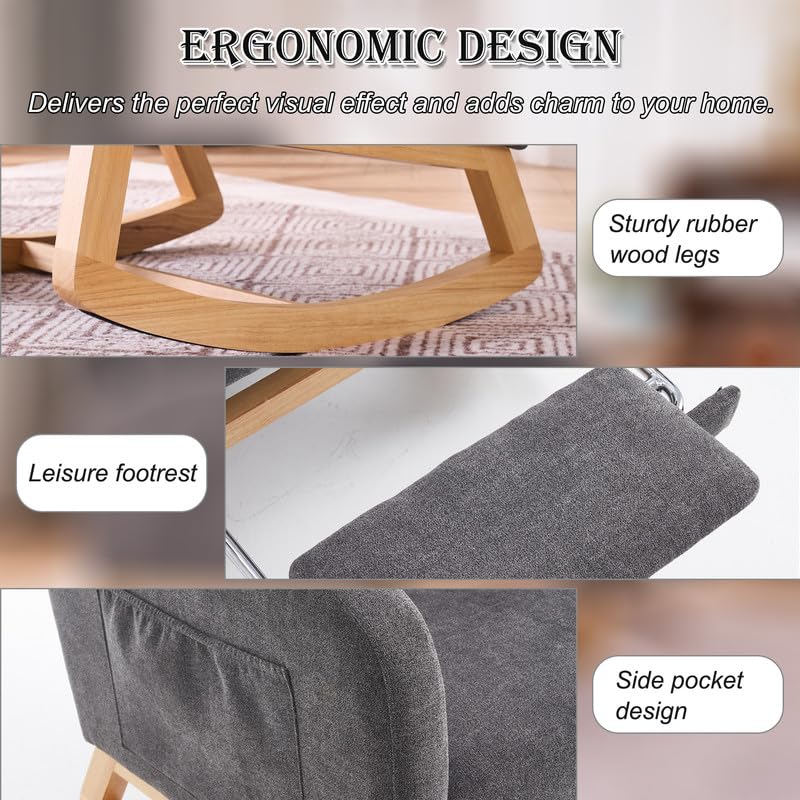Image of Rocking Chair with Foot Rest, Nursery Rocking Chairs with Rubber Wood Legs, High Back Pocket Modern Upholstered Glider Chair, Comfy Accent Rocker Armchair for Living Room Bedroom,Dark Grey