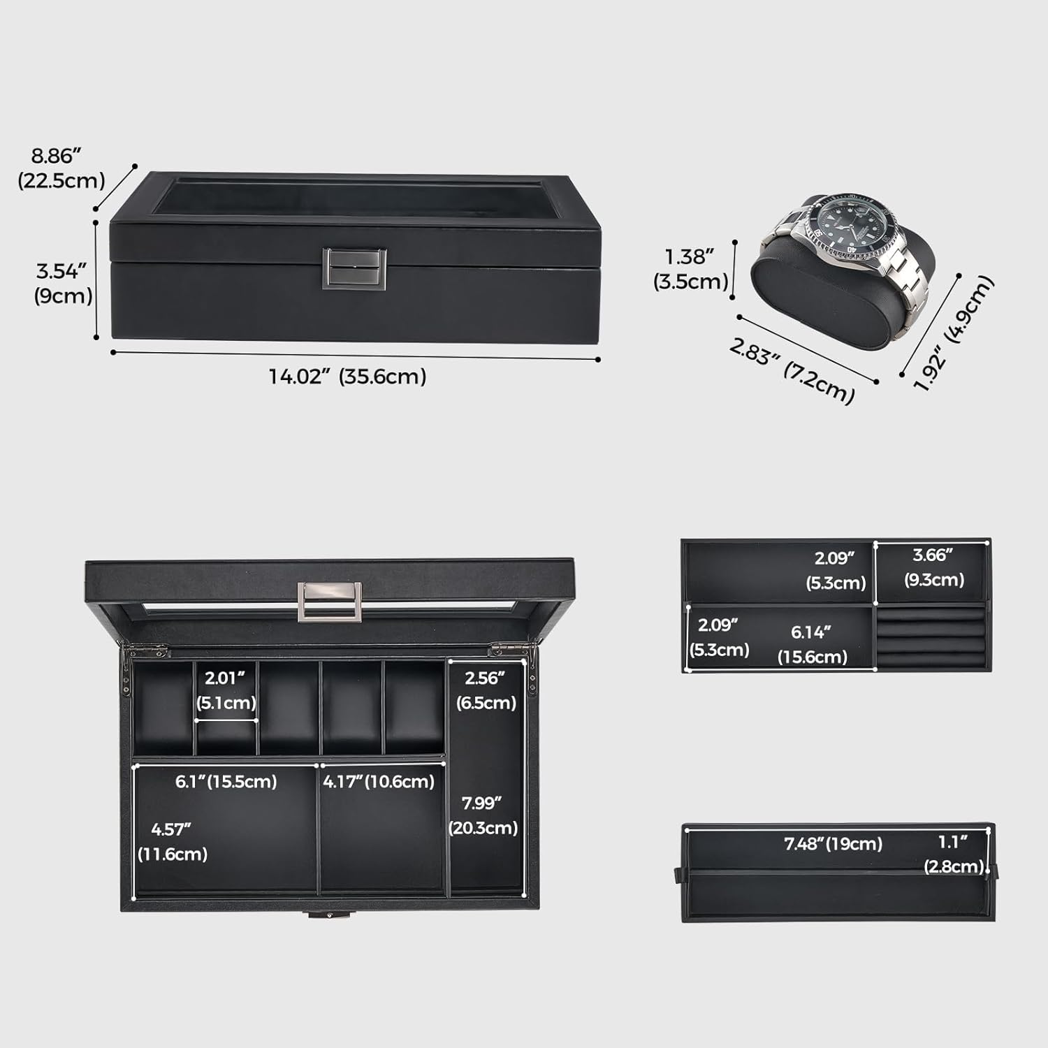 ProCase Men's Jewelry Box, 5-Slot Wood Watch Display Case Jewellry Storage Organizer for Sunglasses Rings Accessories with Hidden Compartment, Watch Holder with Glass Lid, Gift for Men -Black