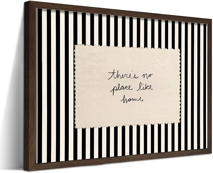 Minimalist Modern Framed Wall Art, Vintage There's No Place Like Home Typography Quote Prints, Black and White Stripe Poster in Wood Frame, Inspirational Picture for Entryway 12x16 inch