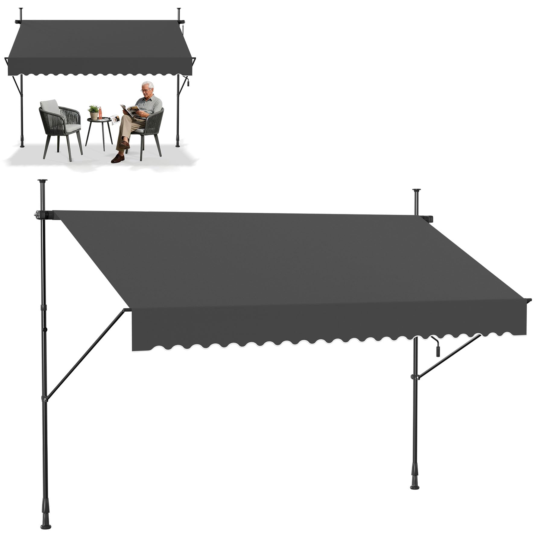 Froadp Markiza Zaciskowa Rozkładana Ręcznie Sunshade Balkon Bez Wiercenia Regulacja Wysokości Markiza z Ramieniem Przegubowym i Korbą Ręczną na Taras Ogrodowy (250x120cm, Antracyt)
