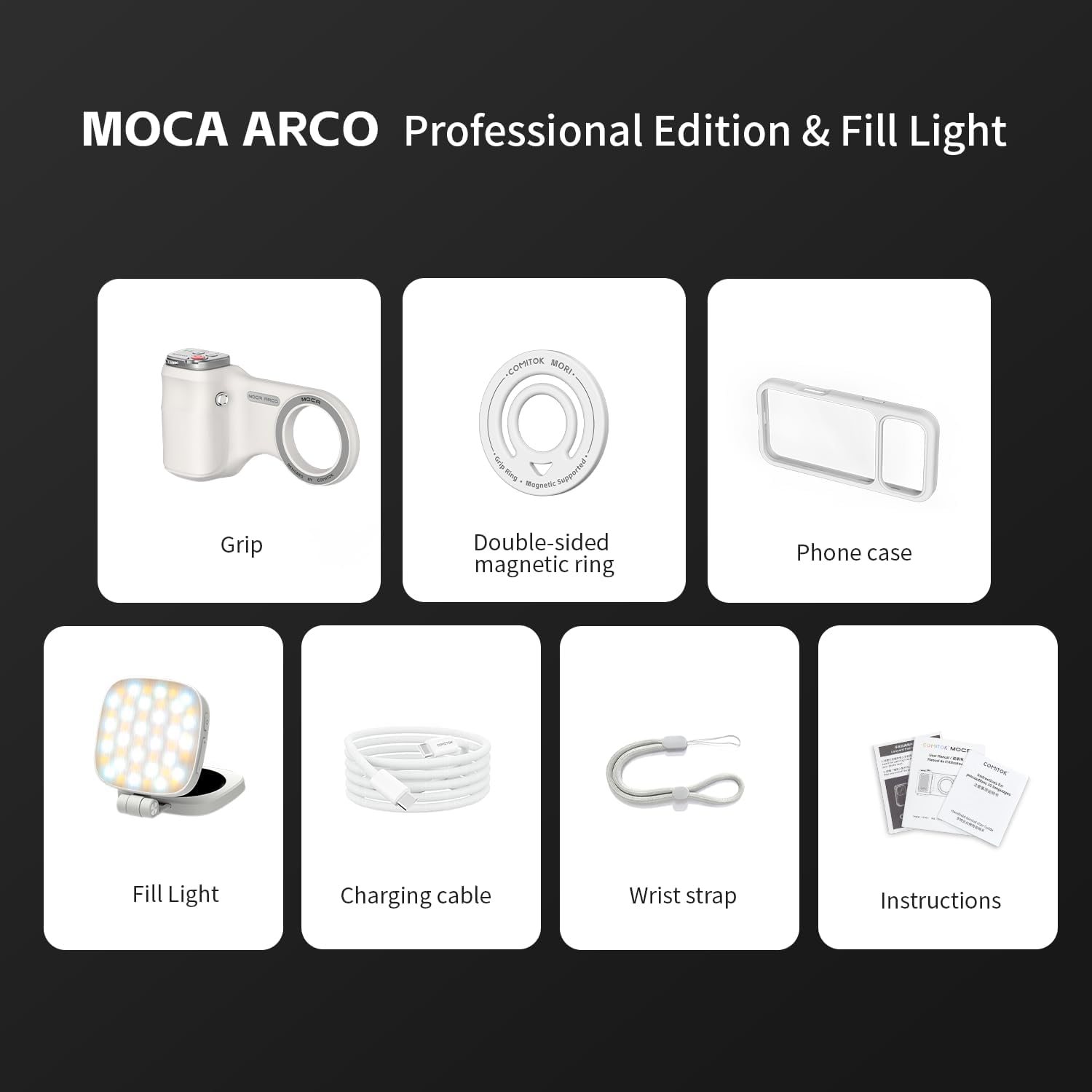COMITOK iPhone Pro Max Magnetic Camera Grip MOCA ARCO with Fill Light & Mirror for Video Call with Extended Phone Holder & Rechargable Remote with Phone Case and Grip Ring for iOS17/18/26
