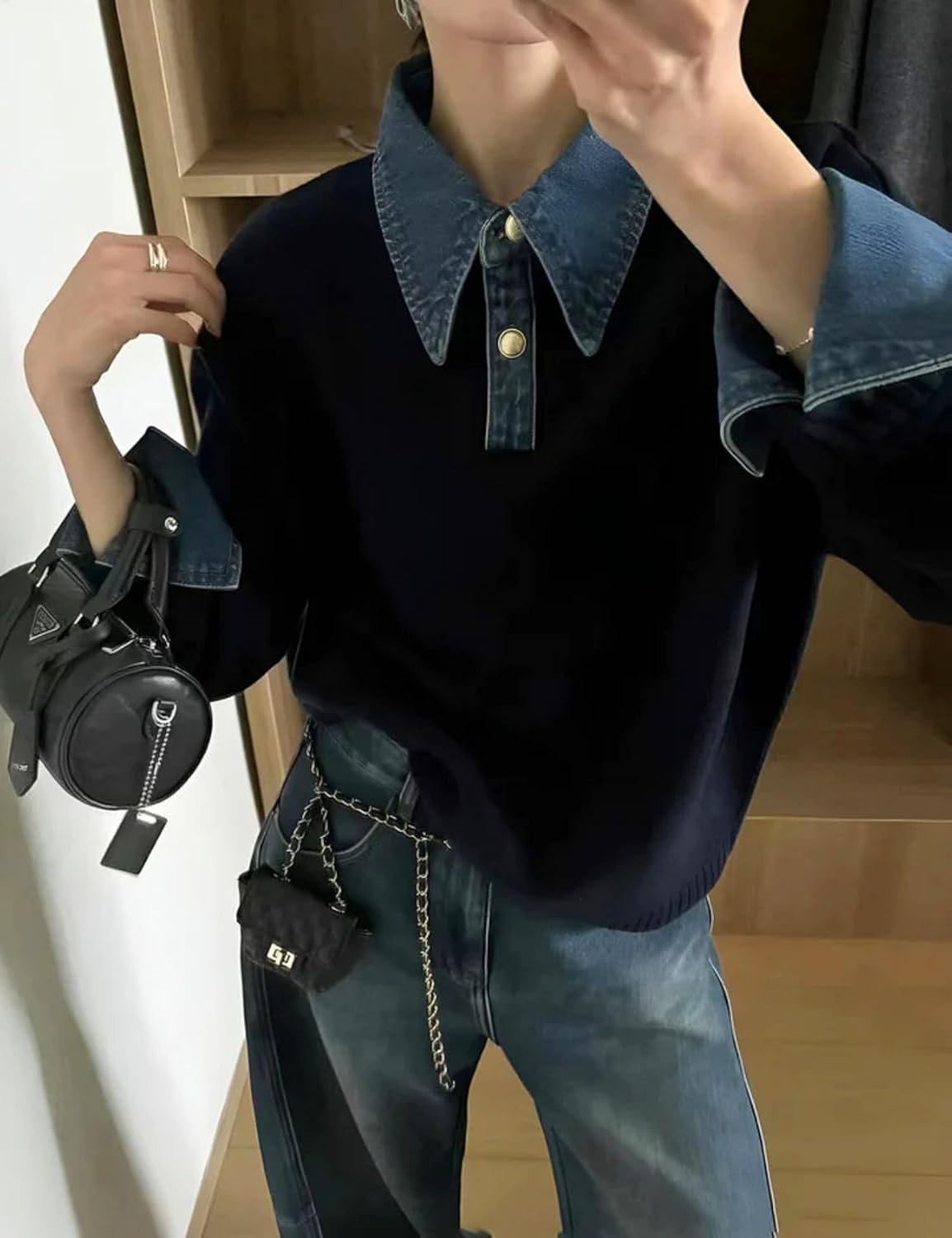 Womens Denim Lapel Sweater Oversized Long Sleeve Button Down Polo Knit Pullover Sweaters 2025 Fall Outfits - Image 2