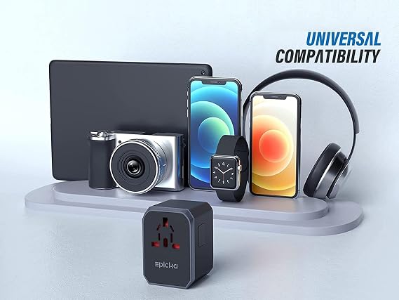 EPICKA Universal Travel Adapter with 1AC/1 USB-C/4 USB-A Ports | Travel Plug Adapter for EU/US/UK/AUS, Supports Charging for Multi-Device, Not A Voltage Converter, TA-105, Grey