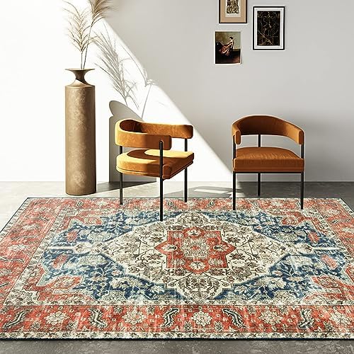 CHOSHOME Washable Rugs Small Non Slip Area Rugs for Bedroom Vintage Boho Rug Soft Short Pile Rug Machine Washable Rugs Living Room Indoor Entry Floor Rug Non Shedding Dense 60x110CM Rugs Blue