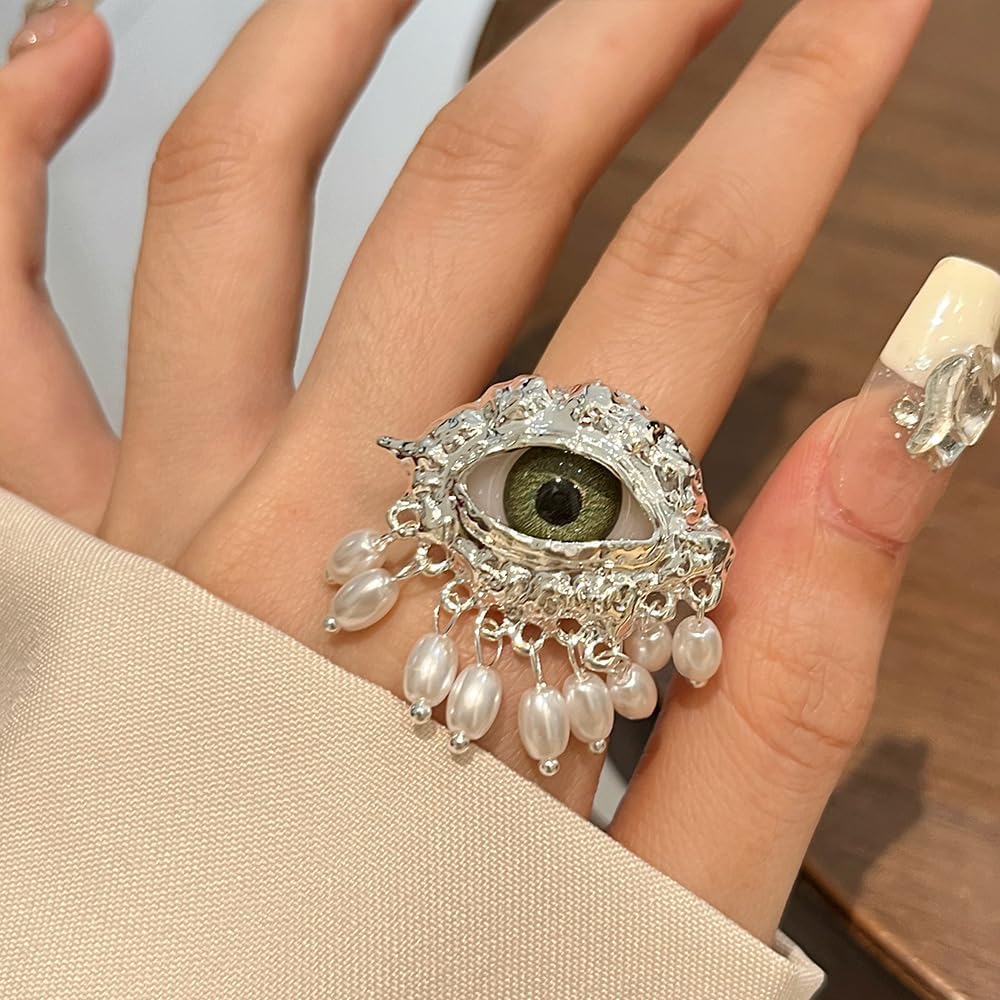 MYANAIL Devil's Eye Ring for Woman 18K Gold-Plated or Silver Pearl Tassel Ring 3D Evil Eye Charm Finger Rings Large Chunky Adjustable Open Rings Charming Personalized Jewelry Accessory Gifts image 2