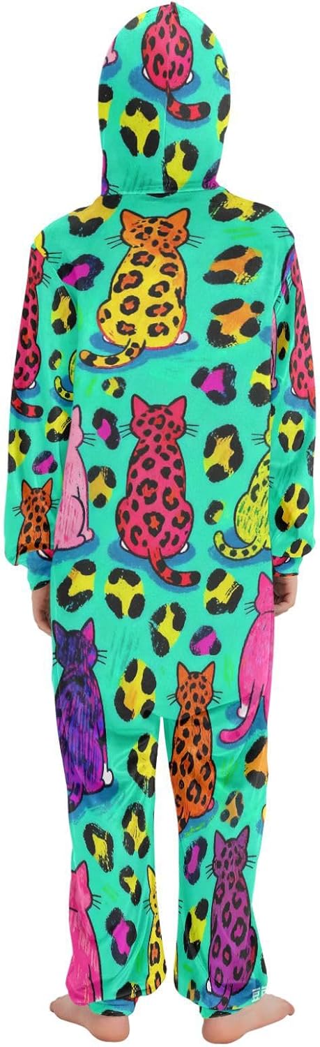 Teal Leopard Print Cartoon CatPajamaSoft Cozy Hooded One-Piecing Sleeper PJSfor Parties Sleepovers