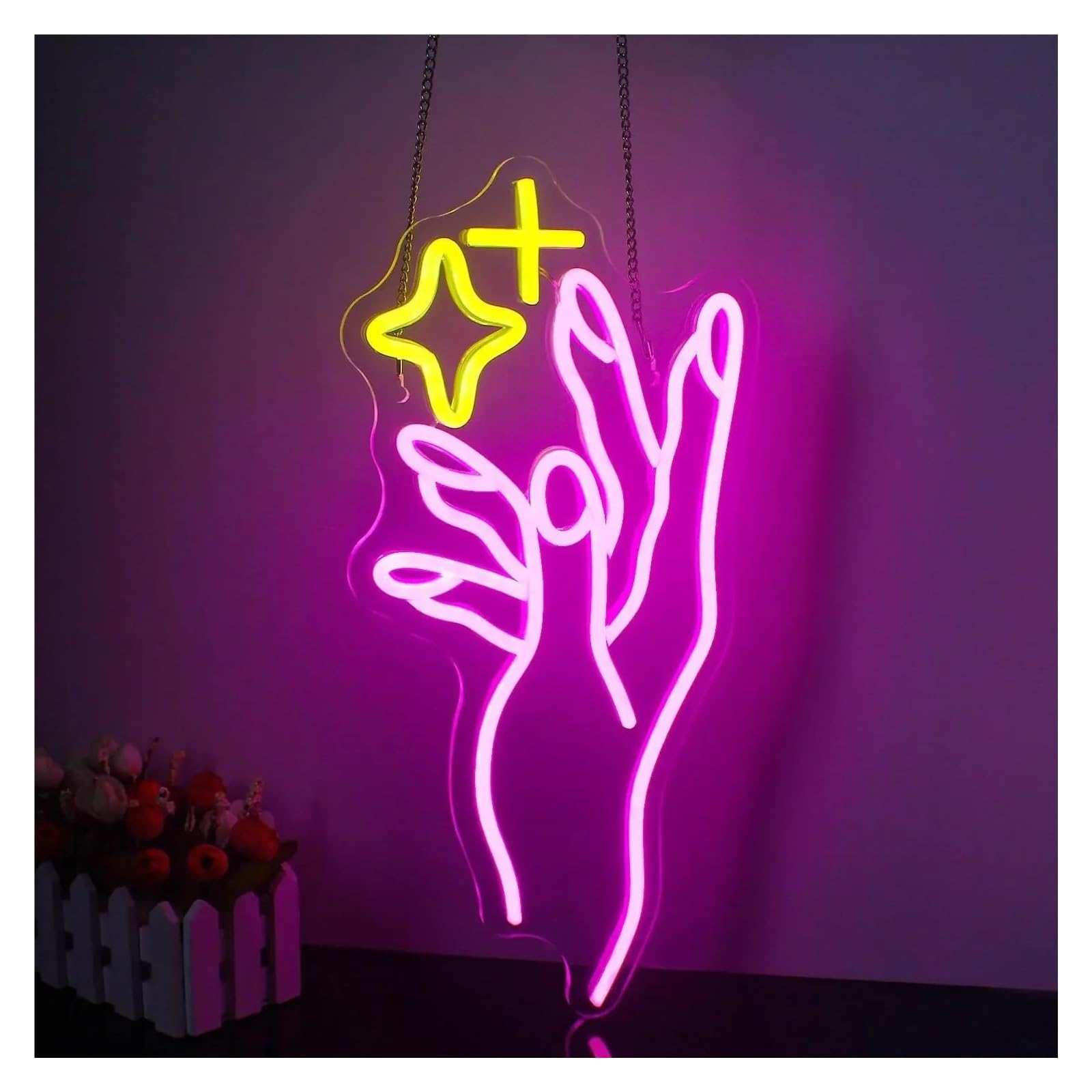 LEMST Signs Lamp Finger Star Neon Sign Neon Light Bedroom Decor Adjustable Brightness Wall Decor for Living Room Bistro 20x42cm