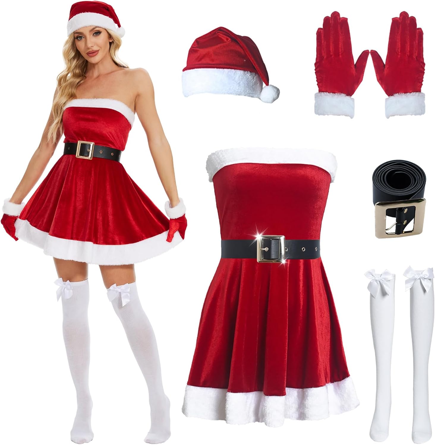 Christmas Dress Women Santa Clause Costume with Santa Belt Gloves, Hat, Bow Knee Socks