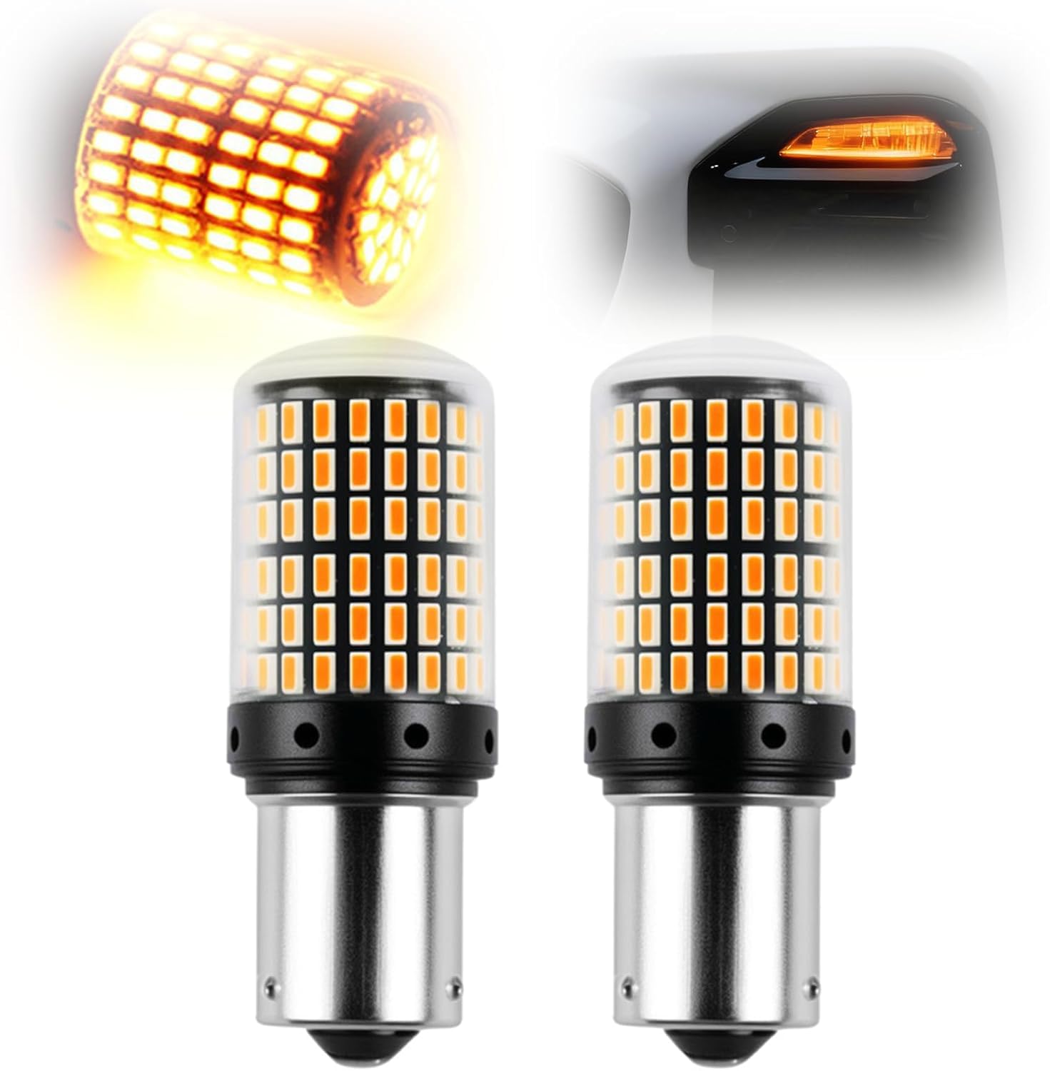 2 sztuki żarówki wskaźnikowe PY21W 581 Amber Yellow 1156 BAU15S LED, bez błędów Canbus, 2800 lm, super jasne przednie i tylne światła kierunkowskazów, 12-24 V, 30 W, 7440, 144 SMD, uniwersalne