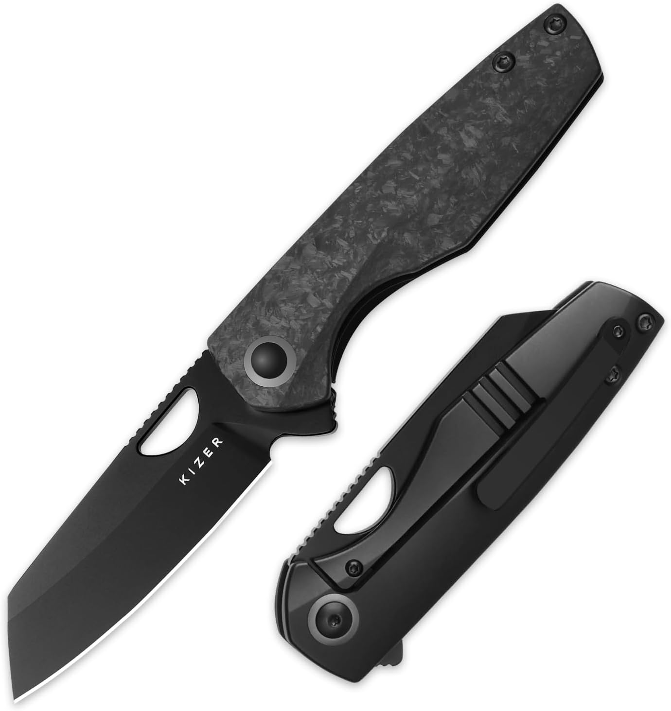 Kizer Sparrow Pocket Knife, 3.25" S45VN Sheepsfoot Blade with Black Marble Carbon Fiber Titanium Handle, Thumb Hole & Flipper Opener Folding Knife with 3D Non-Reversible Pocket Clip Ki3628A2