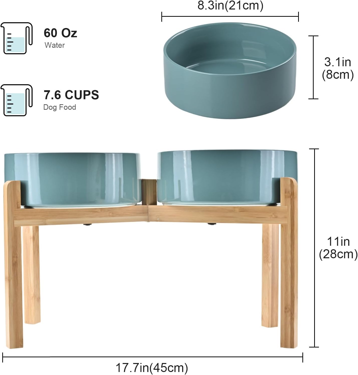 SPUNKYJUNKY Elevated Dog Bowls Ceramic, 8.3'' Dogs Food Water Bowls Raised with Non-Slip Bamboo Stand for Large Sized Breed Microwave Dishwasher Safe - 60 OZ,Dark Green