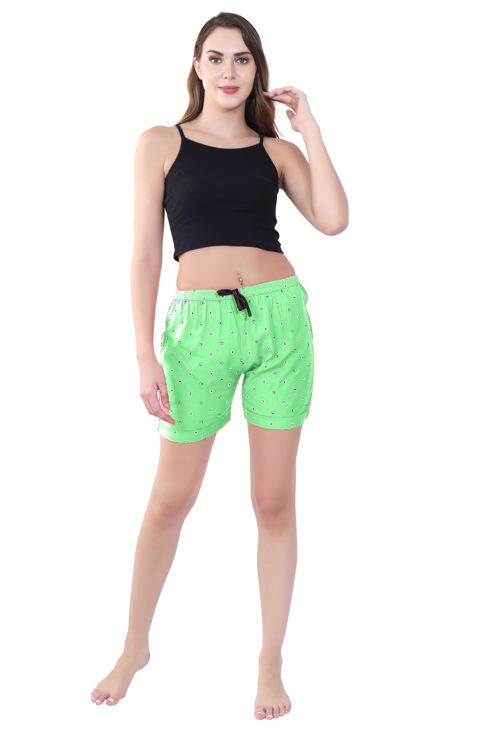 LaViva Women's Cotton Relaxed Fit Casual Shorts Active Wear Polyester Shorts Rayon Polka dots Large - Sea Green