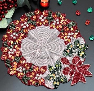Set of 2 Christmas Bead placemat, Floral red Handmade Beaded placemat, Table Topper, Leaf, Centerpiece, for her, Charger Plate ZARIMOON