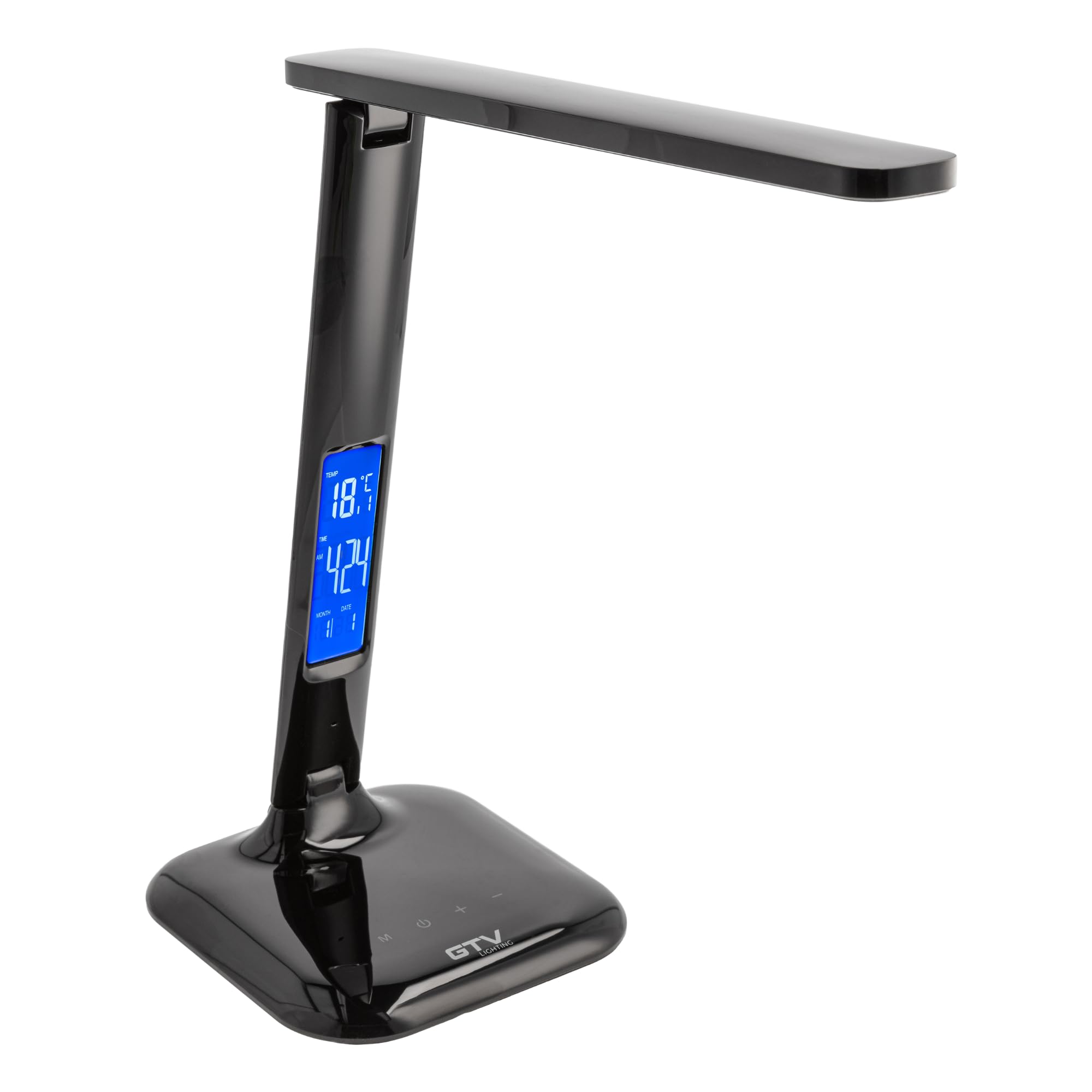 GTV LINEAR Lámpara de Escritorio LED 7W 420lm 3-CCT Regulable, Lámpara de Mesa con Pantalla Reloj Fecha Temperatura Despertador, Lámpara Oficina Táctil Regulación 5 Niveles, Negra