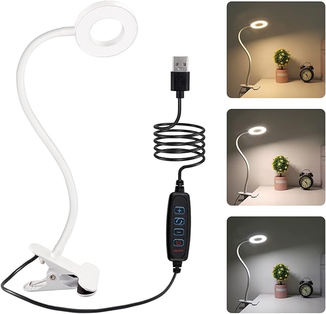 Lampa biurkowa LED 8W z klipsem i przełącznikiem, 3 kolory oświetlenia i 10 zmiennych intensywności, elastyczna szyjka łabędź 360°, lampka nocna USB do czytania, nauki i pracy, biała (bez adaptera)