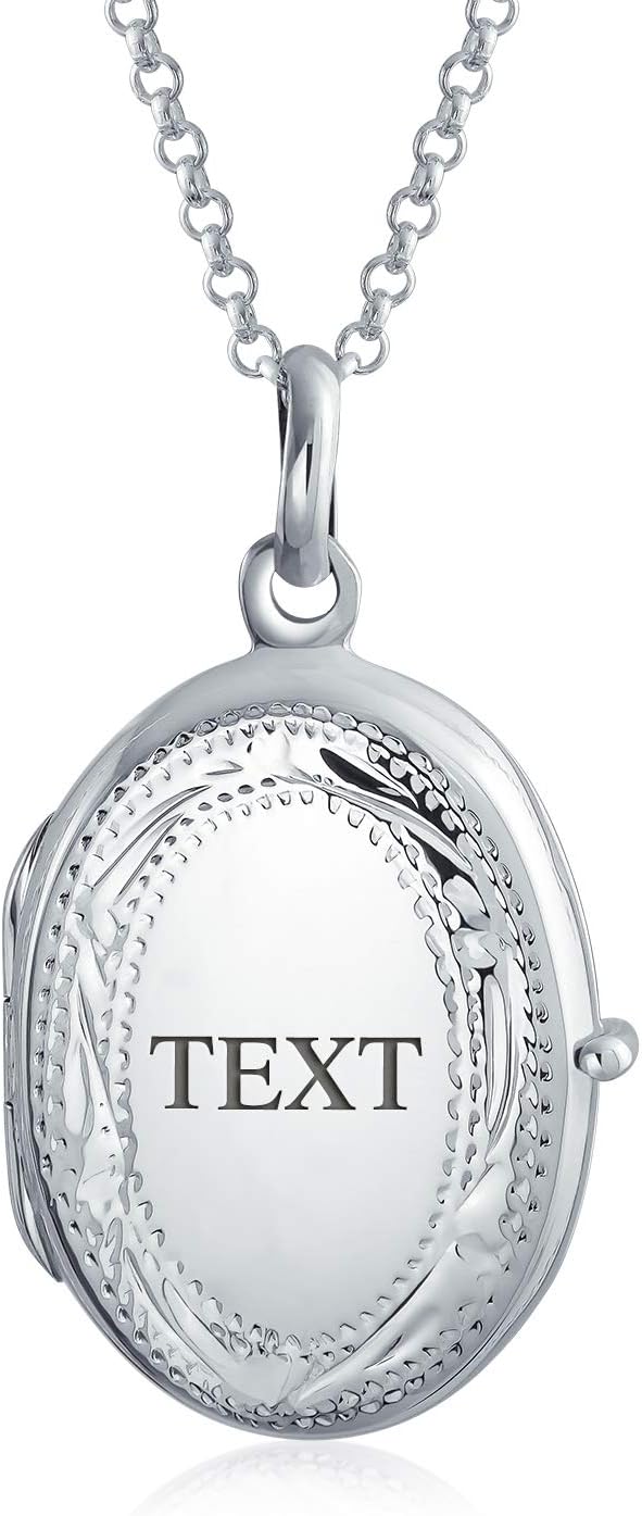 Bling Jewelry Customizable Vintage Antique Style .925 Sterling Silver Oval Locket Pendant Necklace for Women Etched Leaf Scroll Design Holds Two Memory Photo Pictures Custom Engraved