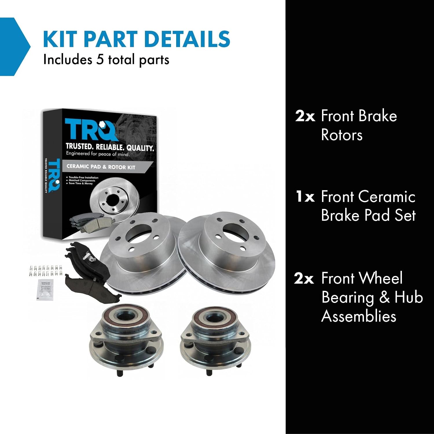 TRQ Front Brake Pad and Rotor Set Ceramic Vented Rotors Wheel Hub Bearing Compatible with 1990-1998 Jeep Cherokee Wrangler 1990-1992 Comanche 1993-1998 Grand Cherokee 1990 Wagoneer