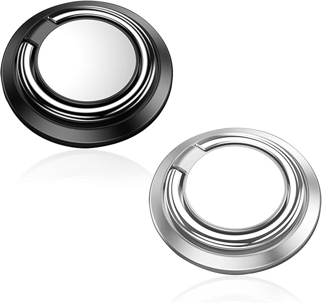 2 Pieces Phone Ring Holder, 360° Adjustable Rotating Phone Ring Holder, Car Mount Available, Fits All Smartphones (Black Silver)