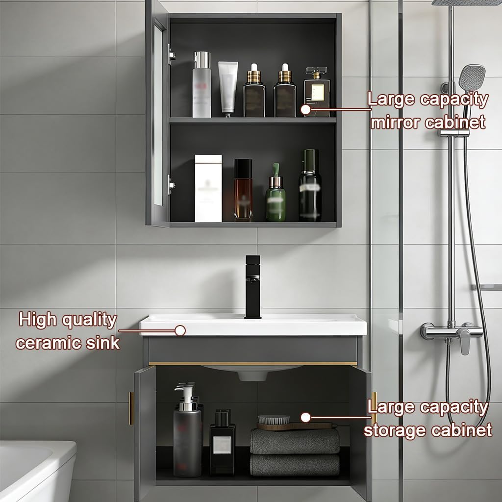 Wall Mounted Bathroom Vanity with Ceramic Sink and Mirror Cabinet,Modern Floating Vanity with Sink Combo for Bathroom,High Capacity Combination Set (Ceramic Sink Vanity+Mirror Cabinet, 24in)