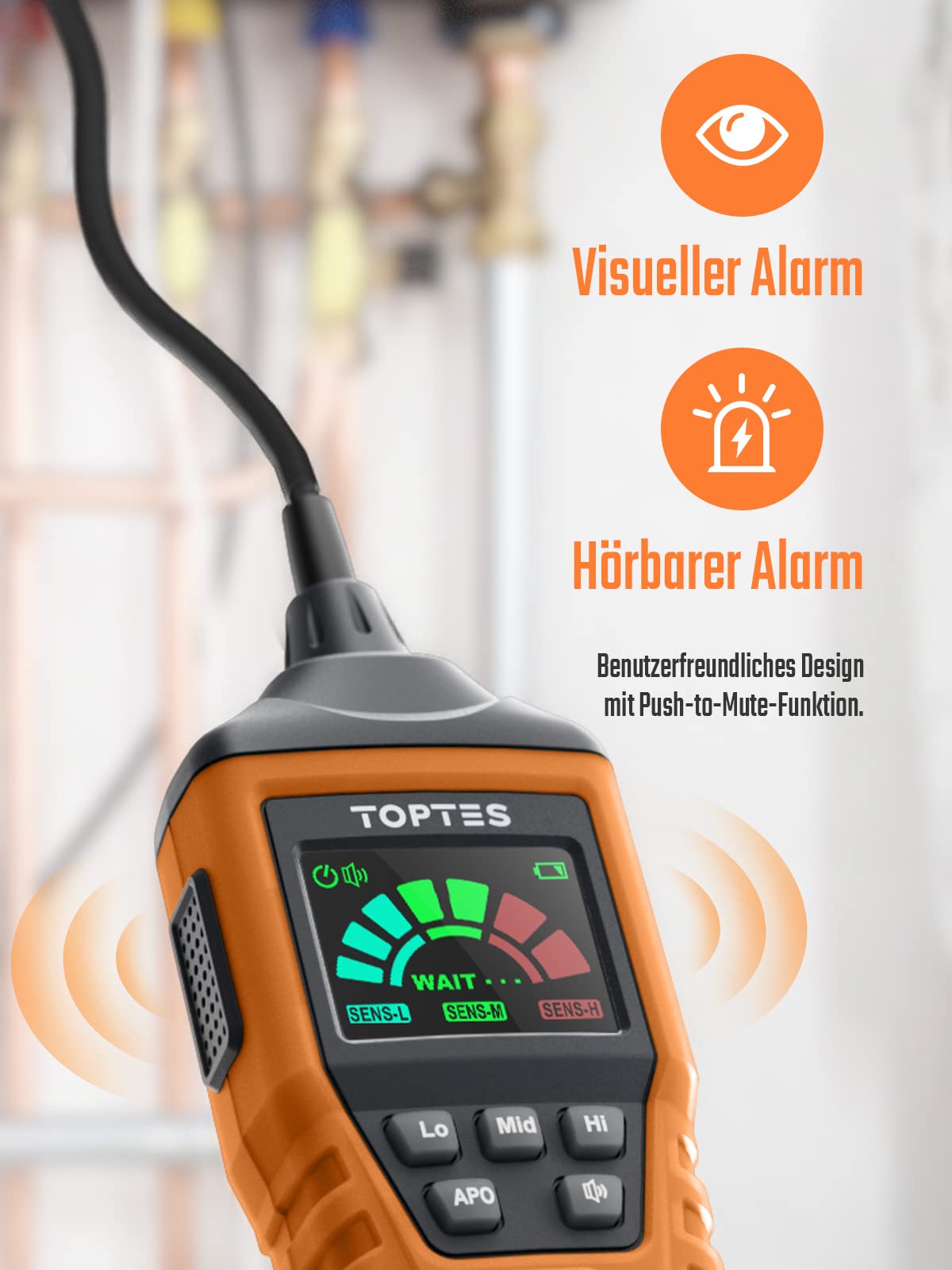Gasmelder, TopTes PT520A Erdgasdetektor für Zuhause und Wohnmobil mit 43,5 cm Sonde zur Ortung von Gaslecks wie Propan, LPG (3X AAA-Batterien inklusive, deutsche Bedienungsanleitung) - Orange