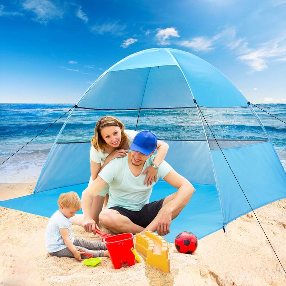 Beach Tent Sun Shelter Pop Up Tents for Family Plus Canopy Automatic UV Protection Cabana Portable and Lightweight Shade Easy Setup and Down with Carry Bag for Outdoor Suit for 3 or 4 Person
