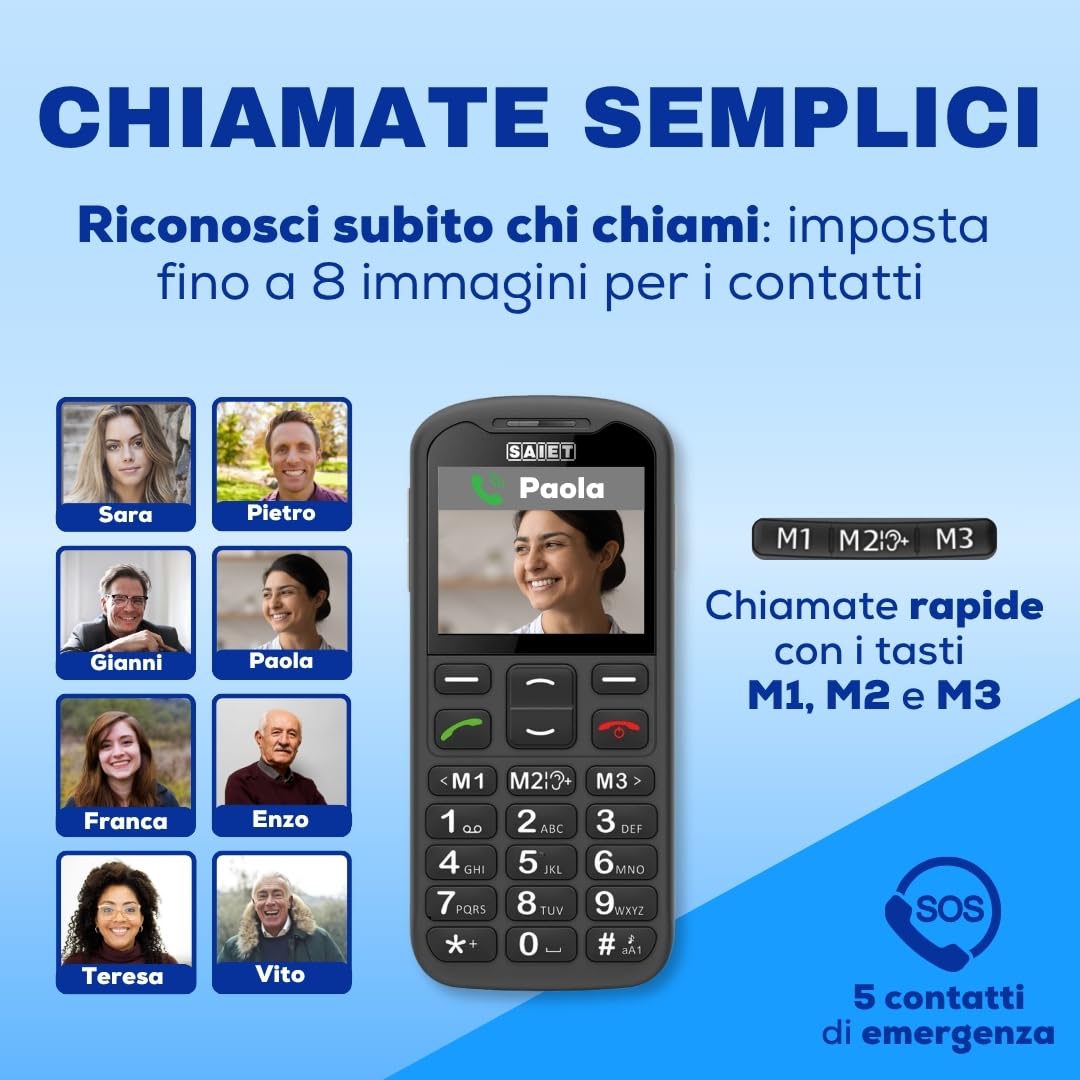 SAIET Next 4G Cellulare per Anziani con SOS, Tasti Grandi e Audio Forte | Telefono 4G VoLTE con Tasto SOS a 5 Numeri, Foto Contatti e Base di Ricarica, Display 2.2 a Caratteri Grandi - Nero