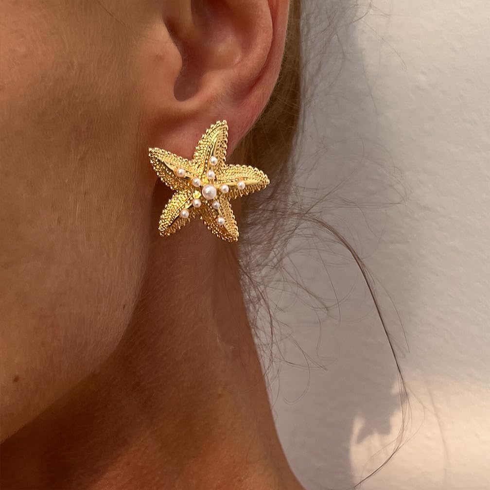 Large Starfish Gold Earrings for Women Boho Big Oversized Sea Star Pearl Dangle Statement Earring Mermaid Beach Ocean Holiday Jewelry Accessories - Image 3