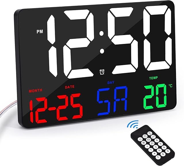 U-picks Digital Alarm clock Wall clock with Remote Control, 11.5" Large LED display desk clocks with Week,Temperature,Adjustable Brightness, 12/24 Hr,Calendar Clock for Bedroom Office-Colorful Digit