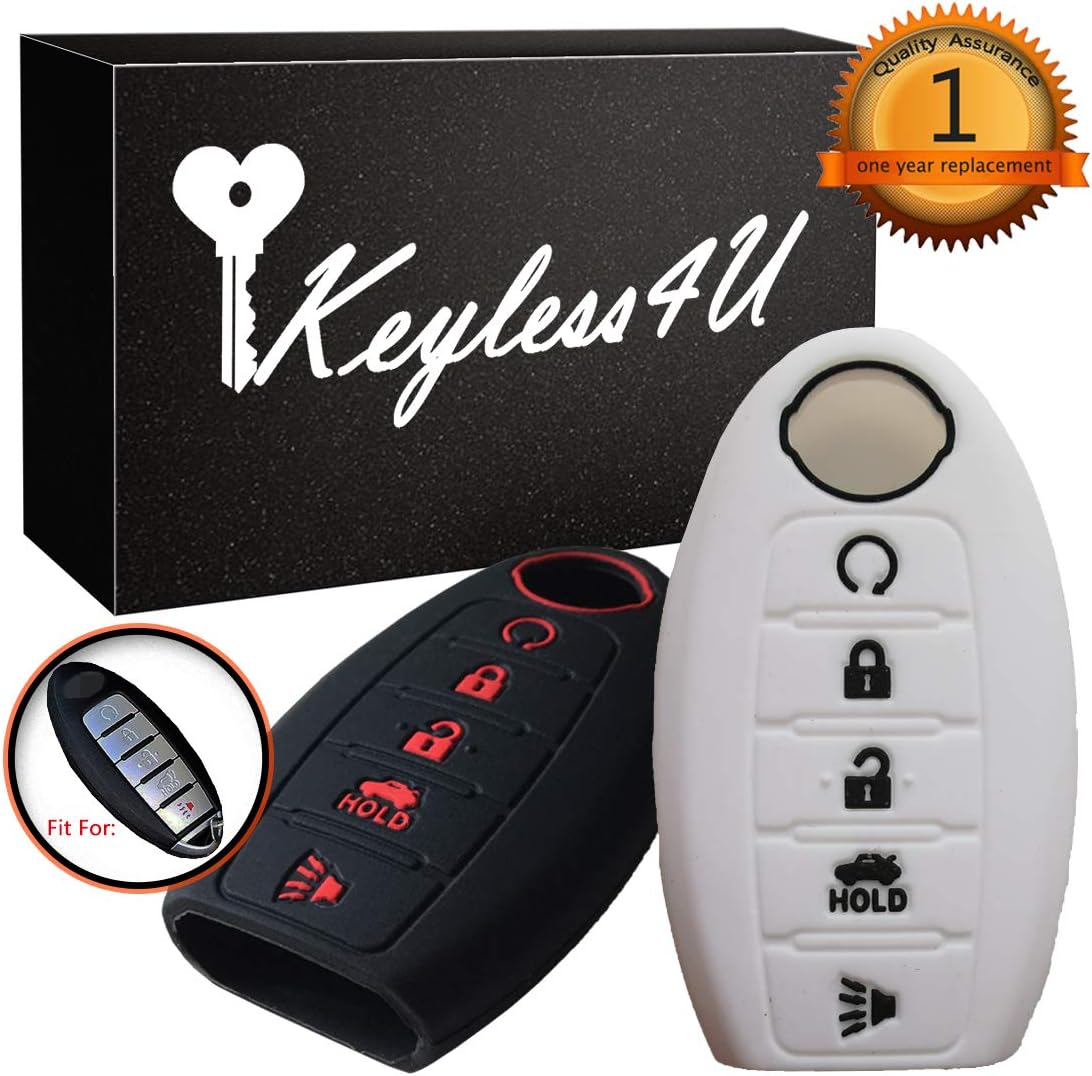 2Pcs Keyless4U 5 Buttons Silicone Key Fob Remote Cover Case Jacket Holder Protector for Nissan Altima Maxima Armada Murano Rogue Sedan Pathfinder (Black White)