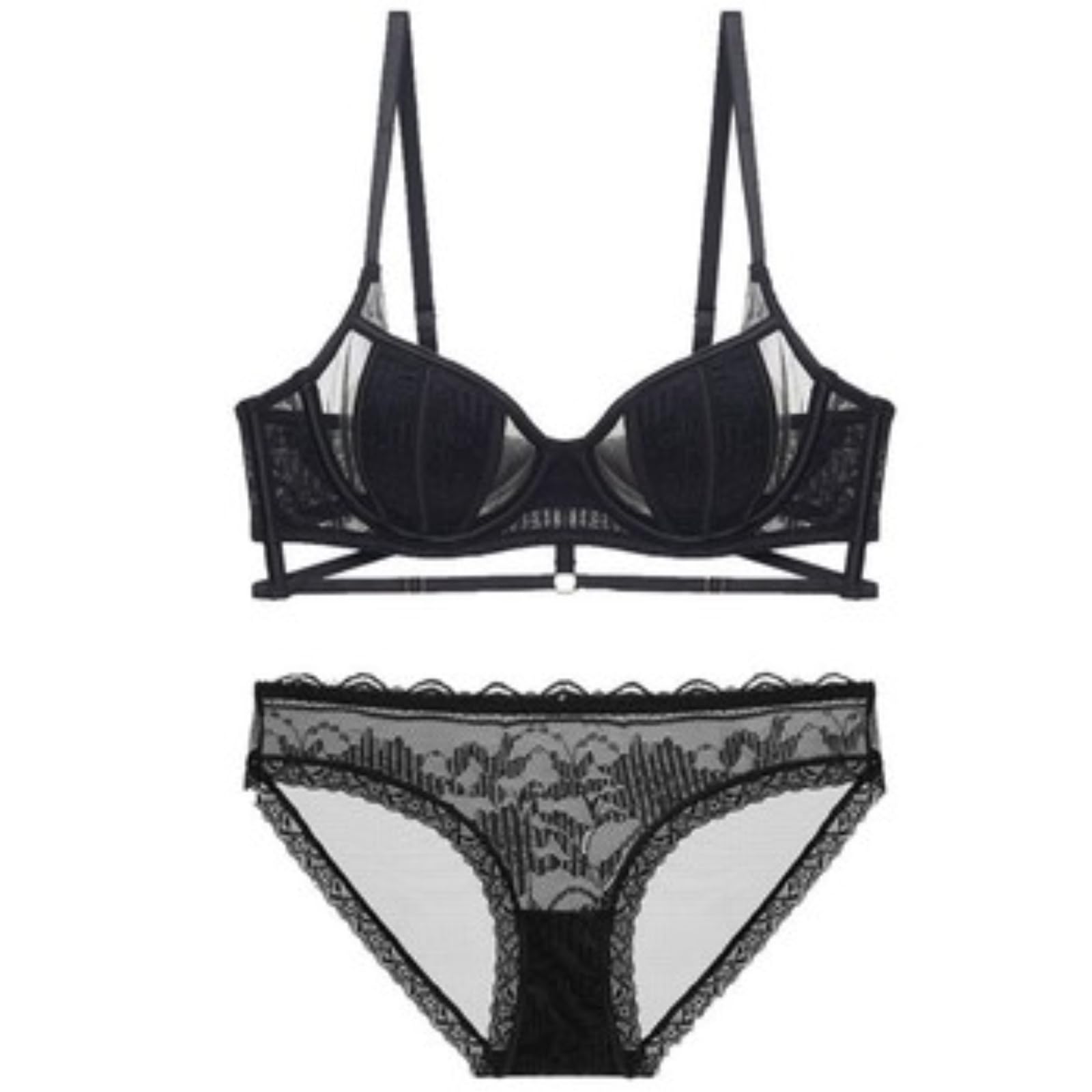 ANTTK - Conjunto de brasier de encaje para mujer, brasier transparente de cobertura completa, brasier push up sin varillas, estilo francés, talla grande, brasier con aros para uso diario