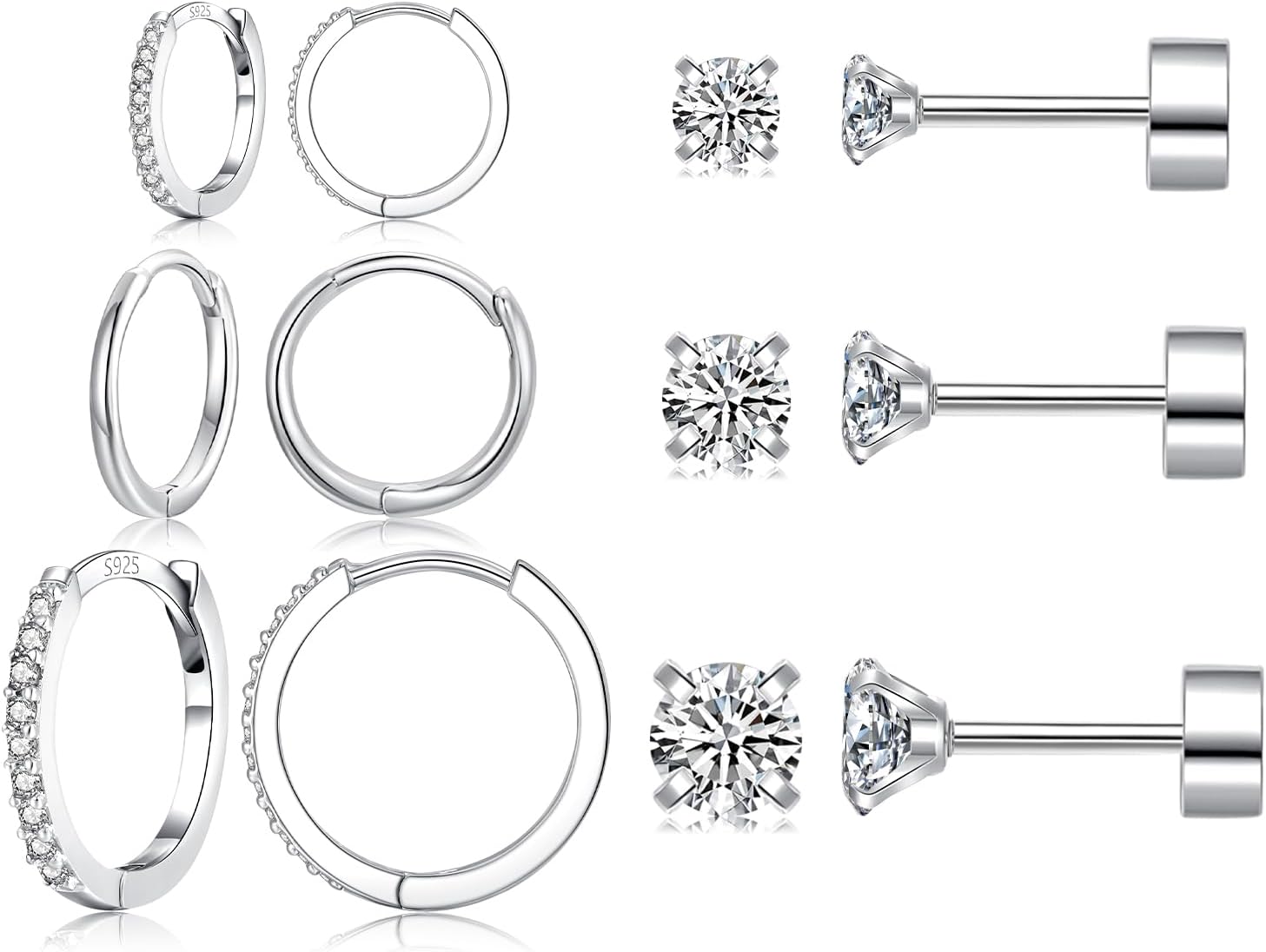 6 Pairs Sterling Silver Earrings Sets for Multiple Piercing Small Silver Huggie Hoop Flat Back Surgical Steel Tiny CZ Stud Earrings for Women Trendy Cartilage Hypoallergenic