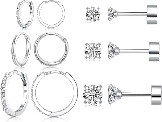 Hypoallergenic Sterling Silver Earrings for Sensitive Ears Tiny CZ Flat Back Earrings for Women Men Small Stainless Steel Flatback Stud Cartilage Earring Set for Multiple Piercing
