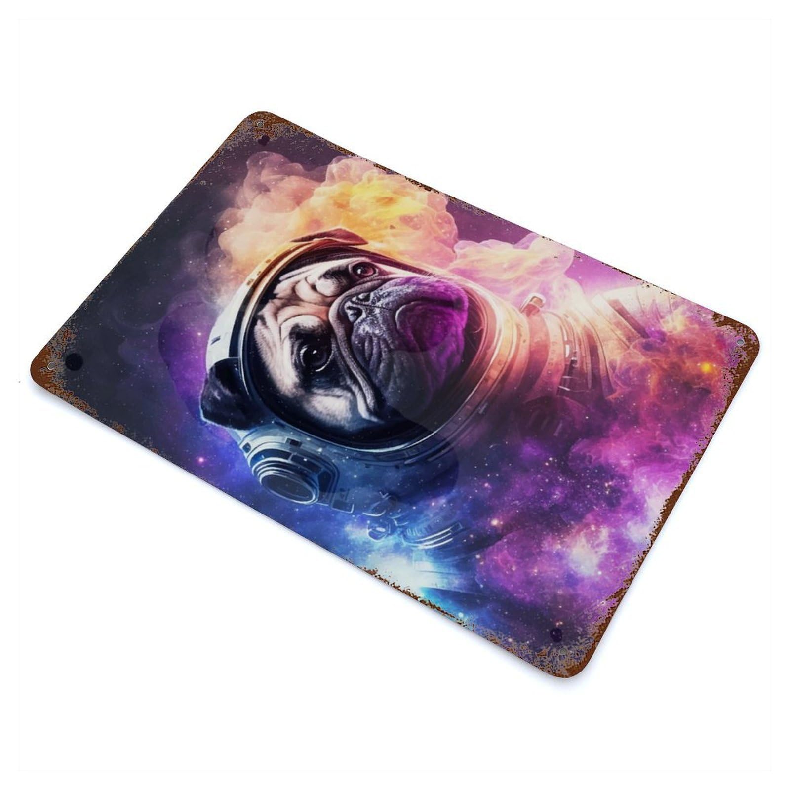 Galaxy Pug 11.8"x7.9" Rust Effect Tin Sign, Industrial Home Decor for Living Room, Hallway And Home Decor