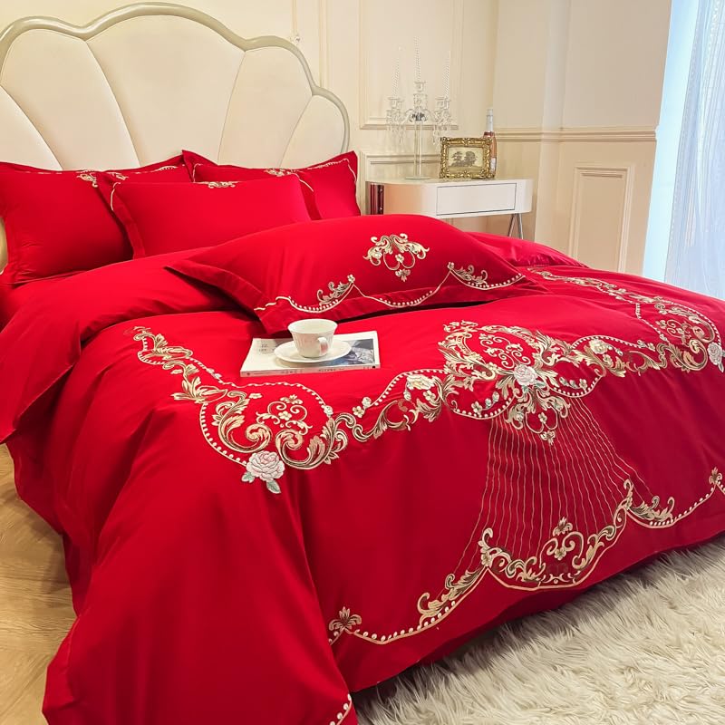 Image of JJ's Imported Skin Friendly Pure Washed Cotton Heavy & Beautifully Embroidered Wedding Style 5 Pcs King Size Double Bed Luxury Bridal Bedding Set with Heavy Comforter /Quilt (RED 1)
