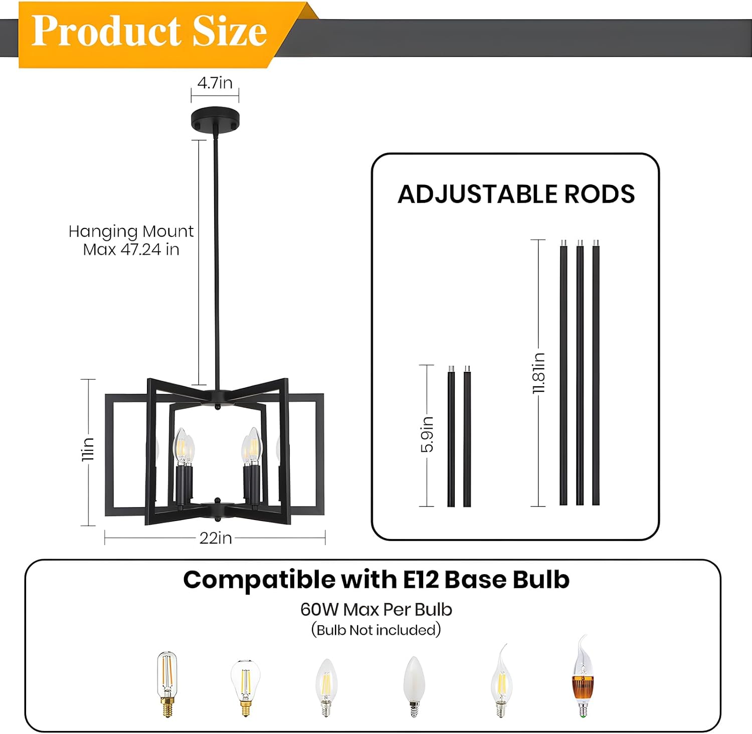 6-Light Black Chandeliers for Dining Room,Modern Farmhouse Chandelier, Pendant Lights Kitchen Island,Geometric Industrial Metal Hang Lighting Fixture for Foyer Entryway Hallway Living Room