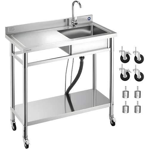 VEVOR Stainless Steel Utility Sink, Rolling Single Bowl Commercial Kitchen Sink with Wheels,Faucet and Hot & Cold Water Pipe,Utility Basin Workbench for Garage Restaurant Laundry 39.4 x 19.7 x 41.5 in