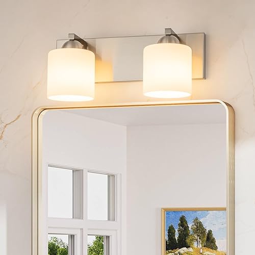mirrea Luces de tocador de níquel cepillado de 16 pulgadas para baño, accesorios de iluminación de tocador con pantallas de vidrio blanco grabadas