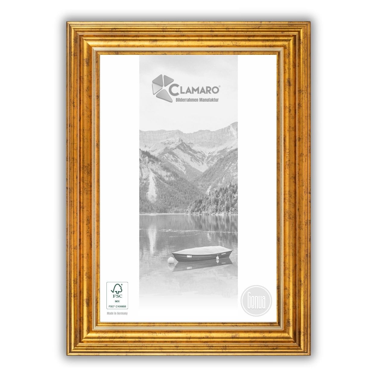 CLAMARO "GENUA" ramka na zdjęcia w stylu antycznym (DIN A4), 21 x 29,7 cm, lite drewno, złota, szerokość 76 mm, shabby chic, vintage, barokowa listwa, drewniana rama w zestawie szkło akrylowe, tylna