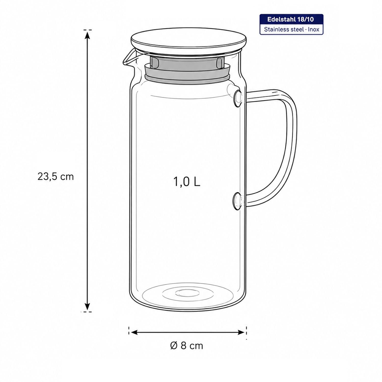 kela brocca in vetro da 1 litro con coperchio in acciaio inossidabile PITCHER, brocca per acqua, caraffa per acqua con coperchio per bevande fredde e calde