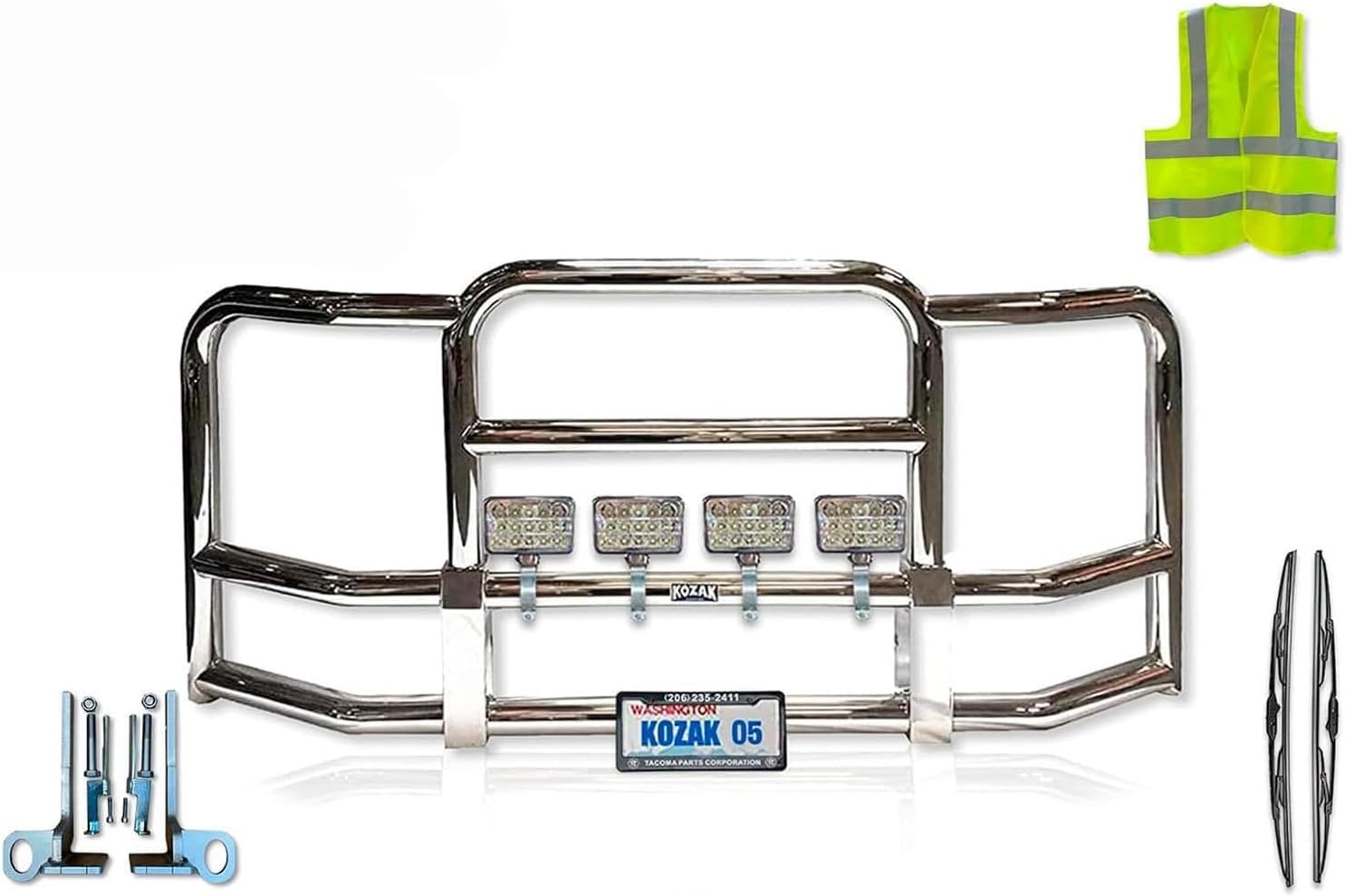 Full Front Bumper Grille Deer Moose Brush Guard Compatible with Kenworth T660 - Chrome Square - 4x 6" 60 LED Headlight, License Plate Holder, Bracket, Logo, Wipers and Vest Included