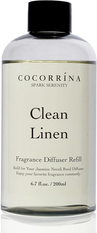 COCORRÍNA Raumduft Nachfüller 200ml mit 8 Duftstäbchen, Clean Linen, Langanhaltender Duft mit natürlichen ätherischen Ölen, für Wohnzimmer, Schlafzimmer und Badezimmer