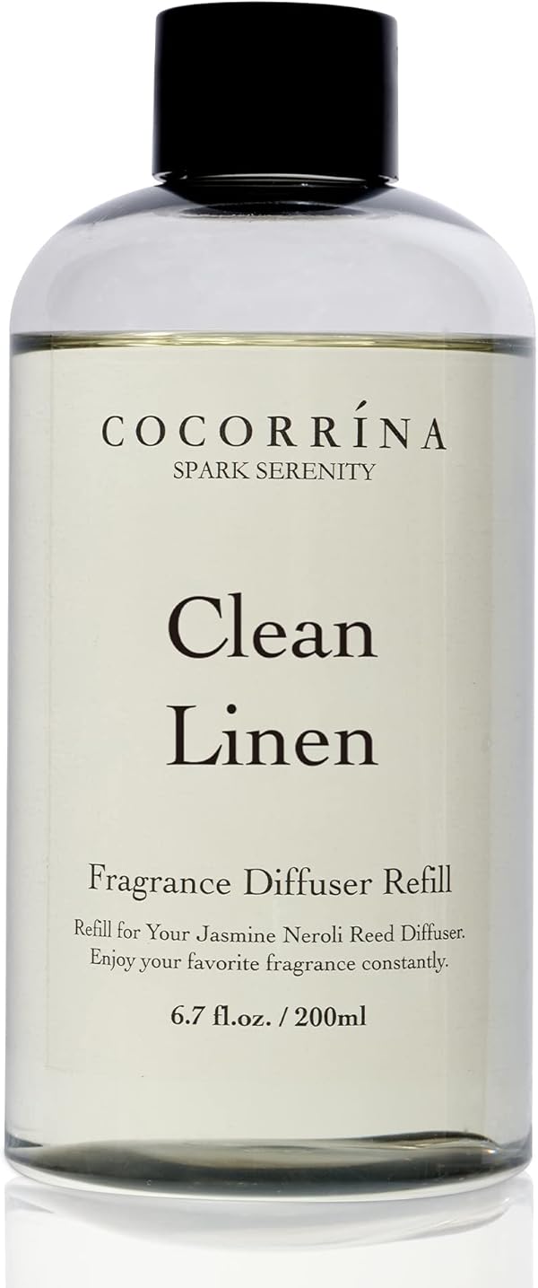 COCORRÍNA Raumduft Nachfüller 200ml mit 8 Duftstäbchen, Clean Linen, Langanhaltender Duft mit natürlichen ätherischen Ölen, für Wohnzimmer, Schlafzimmer und Badezimmer
