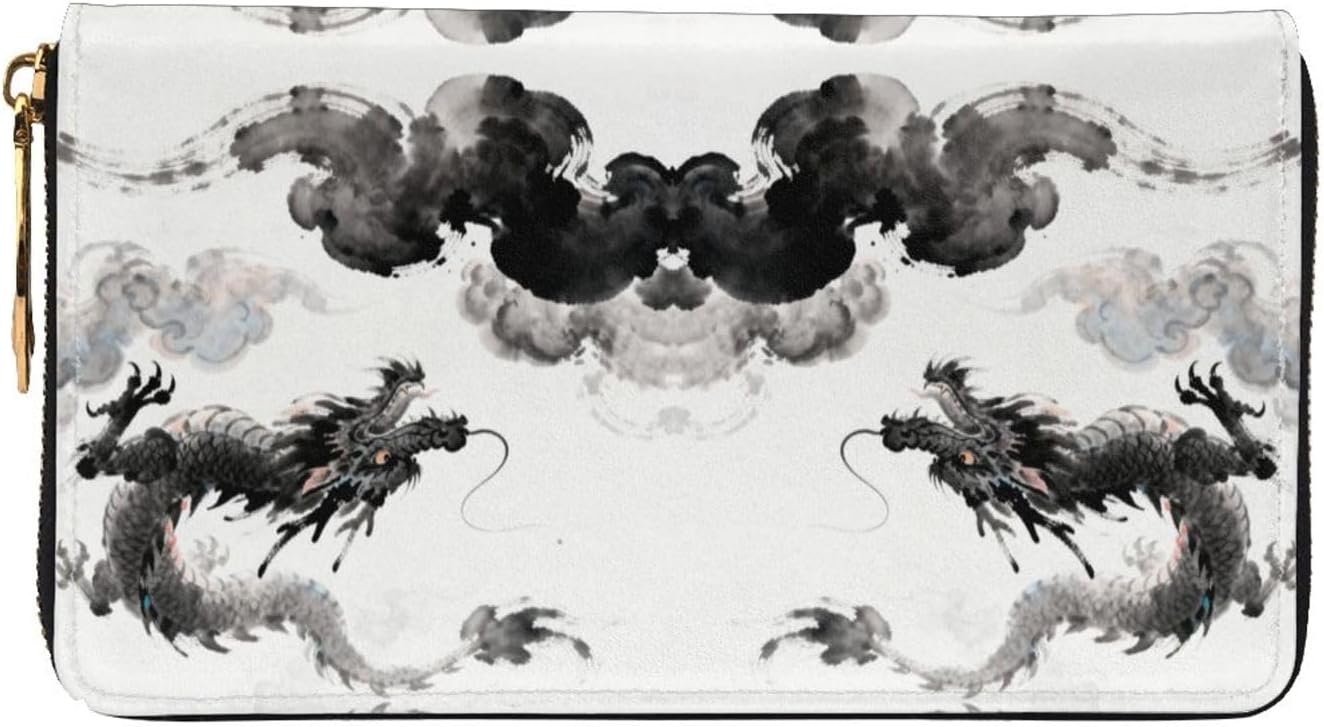 Chinese style patterns Long Zip Around Wallet for Women, Large Capacity RFID Leather Wristlet Wallet with 12 Card Slots Coin Purse, Fashion Clutch Purse with Wrist Strap