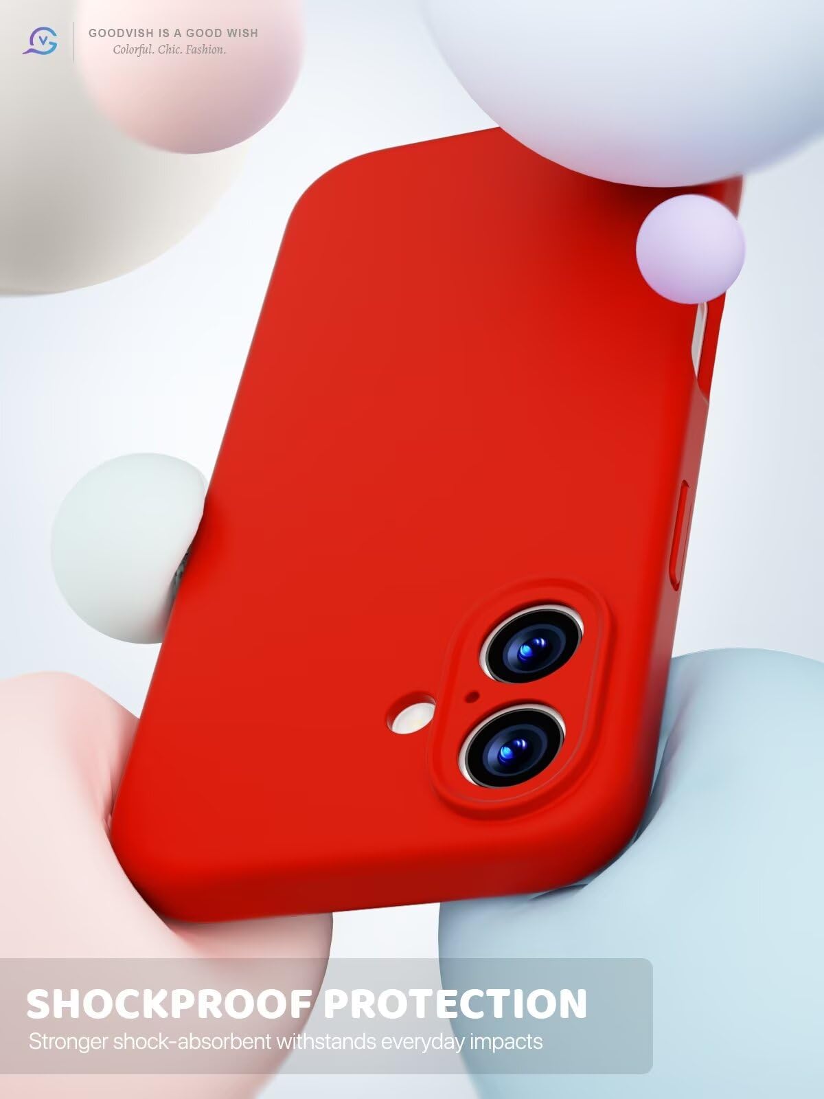 GOODVISH 3 in 1 Silicone Cover per iPhone 16 6.1", Custodia con 2 Pellicola Vetro Temperato [Protezione Fotocamera] 360° Protezione Anticaduta Case per Cellulare Antiurto Resistente, Rosso