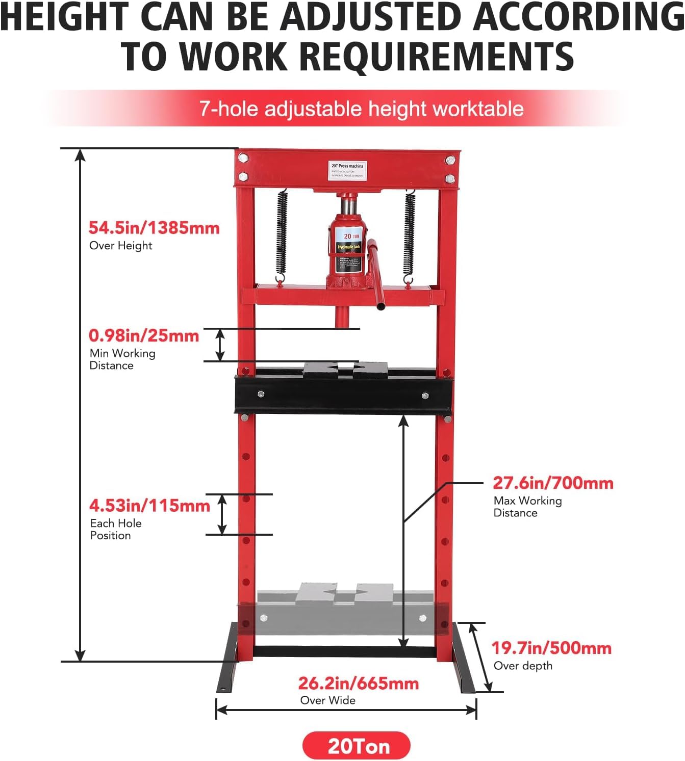 20-Ton Hydraulic Press - Benchtop H-Frame Garage Floor Shop Press with Press Plates & Adjustable Height Work Table for Metalworking, Bearing Removal, Repair