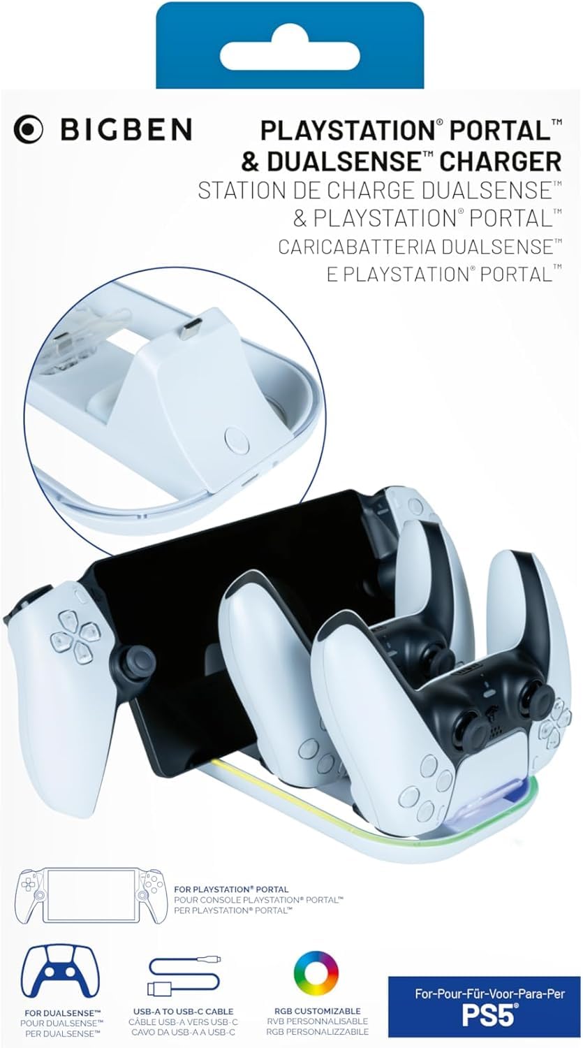 Triple chargeur BigBen pour console Playstation Portal et manettes DualSense PS5 Blanc